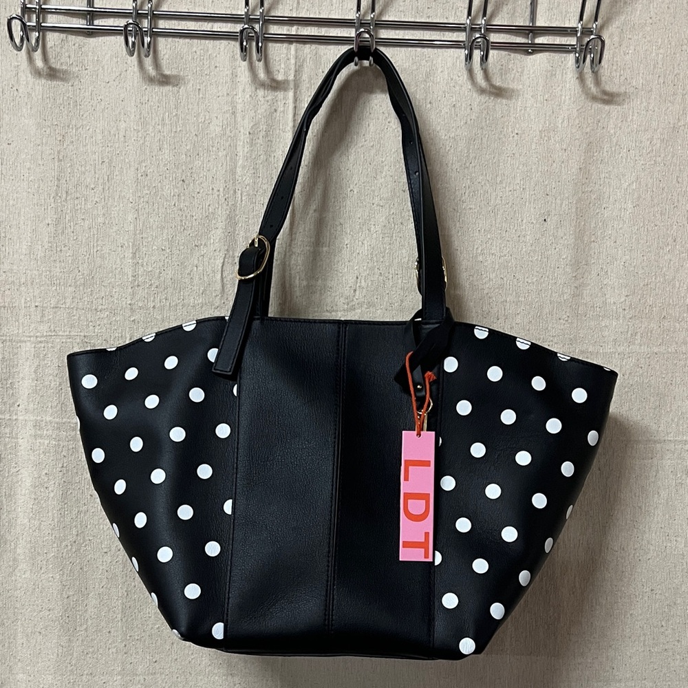 LDT Tatum Satchel Black and White Polka Dot Tote Bag